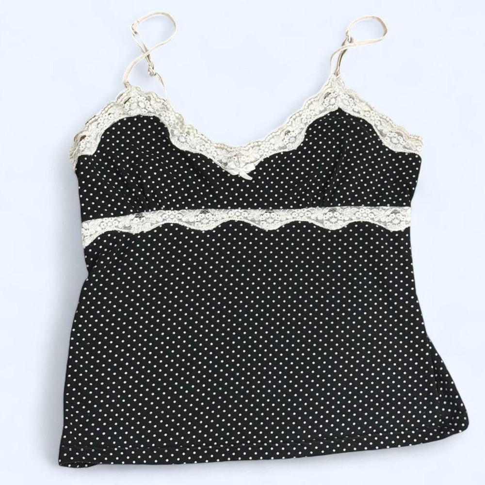 Vintage 90's, Black & White Polka Dot Camisole, lace, bow, adjustable straps, L